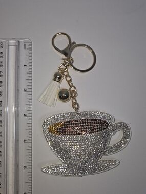 Crystal Teacup Keychain Charm in White and Gold